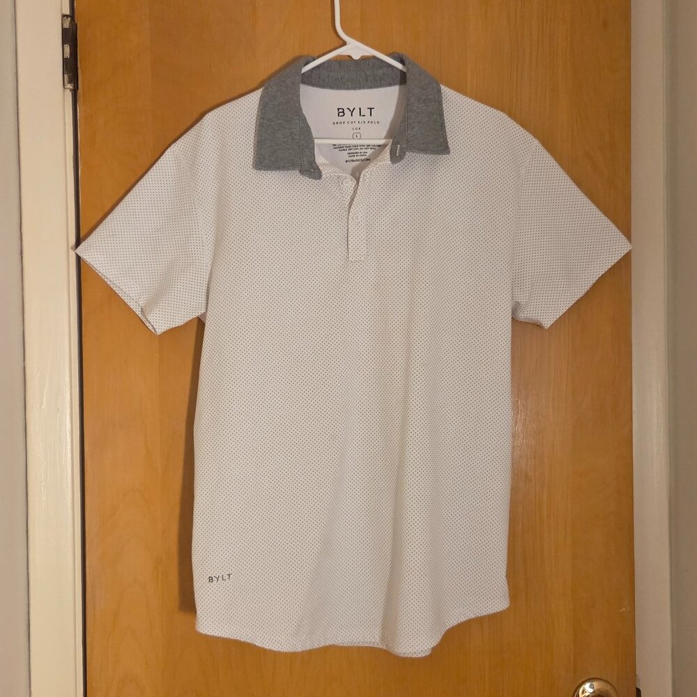 BYLT Drop Cut LUX Golf Polo Shirt Gray Polka Dots Mens Large AOP White Casual